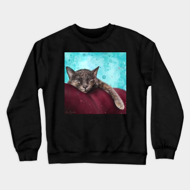 Painting of a Gray Cat Sleeping on a Red Couch on Blue Background Crewneck Sweatshirt by ibadishi